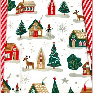 2 Christmas Holiday Village Kitchen Towels Reindeer Trees Snowmen Winter Town